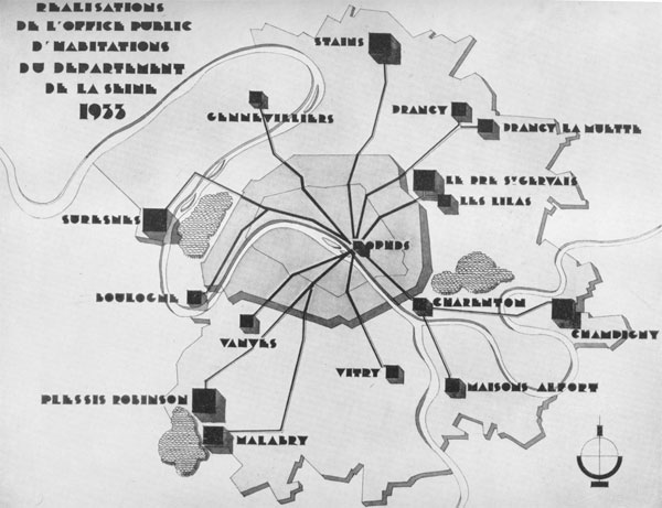 Plan d’implantation des cités-jardins de l’OPHBMDS (1933)